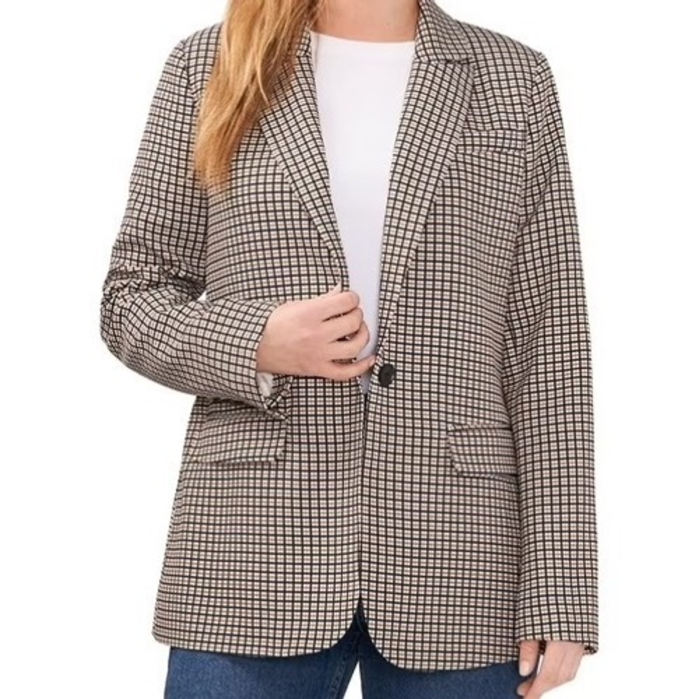 Vince Camuto Womens Brown Plaid Single Button Blazer Jacket Size Large Preppy